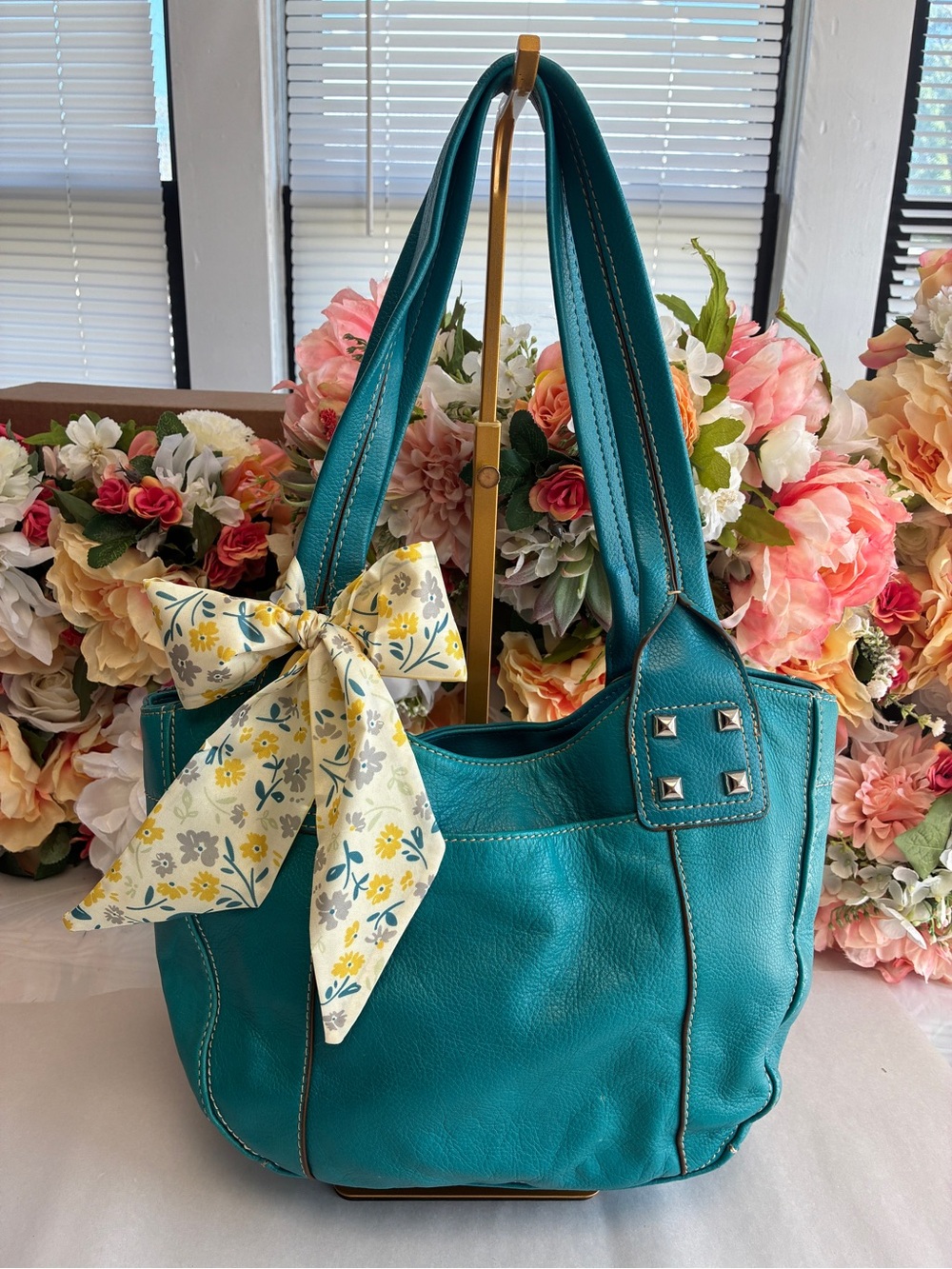 St. John’s Bay Genuine Leather Studded Shoulder Tote Turquoise, Pink Lined Bag